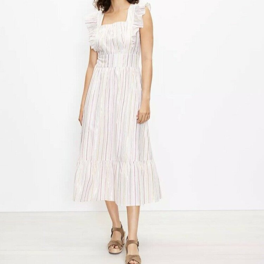 LOFT Shimmer Stripe Ruffle Cutout Back Midi Dress - White Pink Gold - Size 4